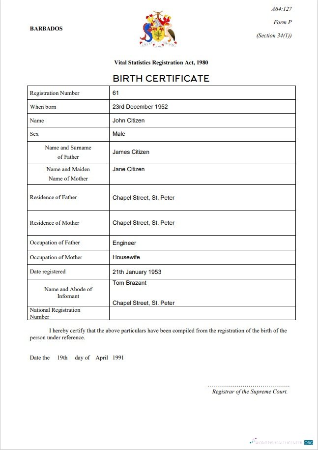 Download Barbados birth certificate template in Word and PDF format Photoshop template